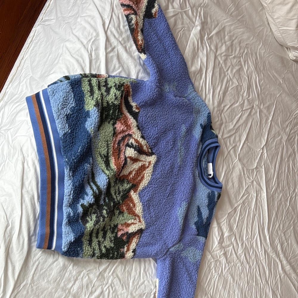 Urban Outfitters Blue Sherpa Crewneck with Scenic Landscape